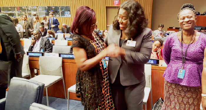 Nana Oye Lithur congratulating Ms Hilary Amesika Gbedemah after the elections